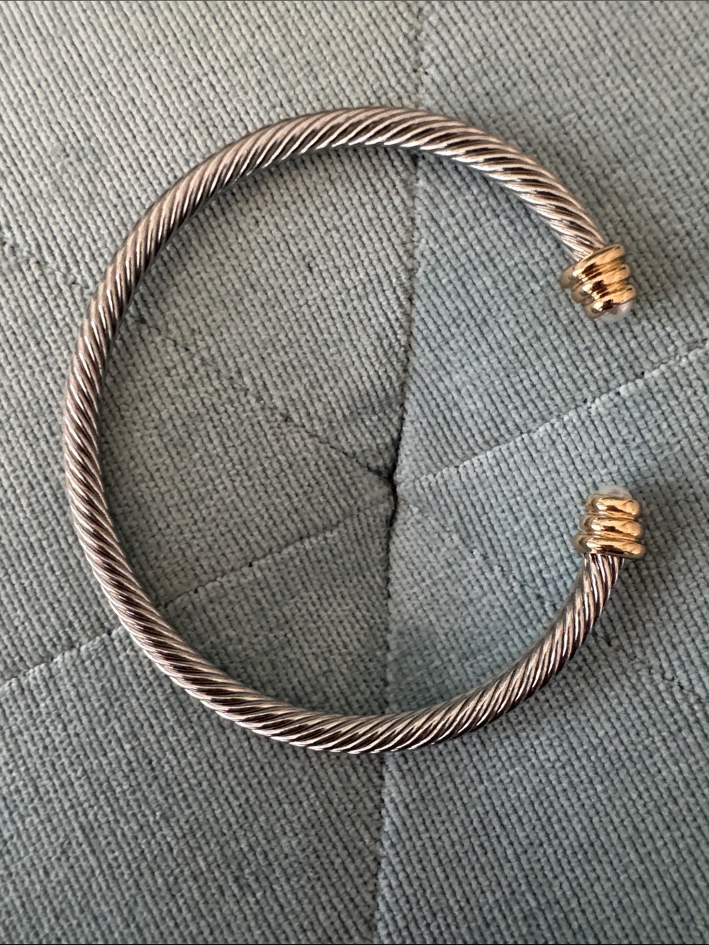 Silver Tone Cable Cuff Bracelet with Gold Tone & Faux Pearl Ends